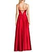 Color:Red - Image 2 - Drape Neck Illusion Corset Satin Ball Gown