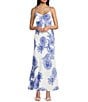 Next Up Floral Print V-Neck Spaghetti Strap Low Back Ankle Length Dress, Color:Ivory Blue - Image 1