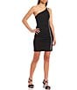 Color:Black - Image 1 - One Shoulder Double Strap Rhinestone Trim Shirred Mini Dress