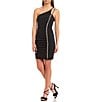 Color:Black - Image 3 - One Shoulder Double Strap Rhinestone Trim Shirred Mini Dress