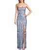 Next Up Printed Sequin Square Neck Front Slit Bungee X-Back Dress, Color:Periwinkle - Image 1