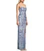 Next Up Printed Sequin Square Neck Front Slit Bungee X-Back Dress, Color:Periwinkle - Image 3