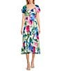 Next Up Printed Short Puff Sleeve Sweetheart Neck Front Twist Tie Back Midi Dress, Color:Ivory/Blue - Image 1