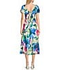 Next Up Printed Short Puff Sleeve Sweetheart Neck Front Twist Tie Back Midi Dress, Color:Ivory/Blue - Image 2