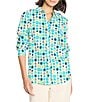NIC + ZOE Bright Spot Crinkle Point Collar Long Sleeve Button Front Top, Color:Aqua Multi - Image 1