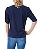 Color:Dark Indigo - Image 2 - Cotton Knit Slub Split V-Neck Short Ruched Sleeve Tee Shirt