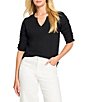 NIC + ZOE Cotton Knit Slub Split V-Neck Short Ruched Sleeve Tee Shirt, Color:Black Onyx - Image 1