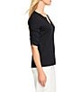 NIC + ZOE Cotton Knit Slub Split V-Neck Short Ruched Sleeve Tee Shirt, Color:Black Onyx - Image 3
