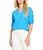 NIC + ZOE Cotton Knit Slub Split V-Neck Short Ruched Sleeve Tee Shirt, Color:Electric Blue - Image 1