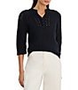NIC + ZOE Crochet Mesh Split Neck Elbow Sleeve Top - Image 4