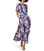 Color:Blue Multi - Image 1 - Dreamscape Daydream Floral Print Satin Chiffon Split V-Neck Short Sleeve Tiered A-Line Maxi Dress
