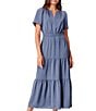 Color:Slate - Image 4 - Dreamscape Daydream Satin Chiffon Split V-Neck Short Sleeve Tiered A-Line Maxi Dress