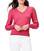 Color:Bright Rose - Image 1 - Femme Slub V-Neck Long Sleeve Pleat Detail Sweater