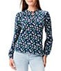 Color:Blue Multi - Image 1 - French Terry Geo Waves Print Band Collar Long Sleeve Top