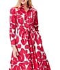 Color:Red Multi - Image 3 - Jess Stretch Woven Petals Print Point Collar Long Sleeve Self Tie Belted Shirt Dress