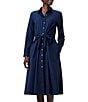 Color:Dark Indigo - Image 1 - Jessie Woven Stretch Point Collar Long Sleeve Tie Front Pocketed Button Front A-Line Midi Shirt Dress