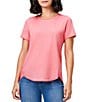 Color:Coral - Image 1 - Knit Crew Neck Short Sleeve Shirttail Hem Tee