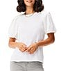 Color:Paper White - Image 1 - Mixed-Media Crew Neck Short Puff Sleeve Statement Top