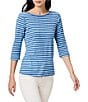 Color:Blue Multi - Image 1 - NZT Jersey Knit Striped Print Boat Neck 3/4 Sleeve Tee Shirt