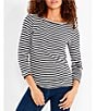 Color:Black Multi - Image 1 - NZT Jersey Knit Striped Print Boat Neck 3/4 Sleeve Tee Shirt