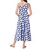 Color:Blue Multi - Image 2 - NZT Stretch Knit Shadow Palm Print One Shoulder Sleeveless A-Line Dress