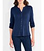 Color:Dark Indigo - Image 1 - NZT Sweet Dreams Knit Banded V-Neck Roll-Tab Sleeve Button Front Shirt
