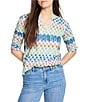 NIC + ZOE Painted Blocks Split V-Neck Ruched Elbow Sleeve Top, Color:Blue Multi - Image 1