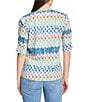 NIC + ZOE Painted Blocks Split V-Neck Ruched Elbow Sleeve Top, Color:Blue Multi - Image 2