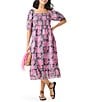 Color:Pink Multi - Image 1 - Petal Patch Floral Woven Square Neck Elbow Sleeve Ruffle A-Line Midi Dress