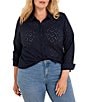 NIC + ZOE Plus Size Knit Allover Eyelet Pop Point collar Long Sleeve Button-Front Top - Image 1