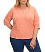 NIC + ZOE Plus Size Lace Knit Split V-Neck 3/4 Sleeve Top - Image 1