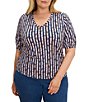 NIC + ZOE Plus Size Reef Stripe Printed V-Neck Elbow Sleeve Tee - Image 1