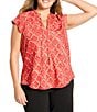 NIC + ZOE Plus Size Squiggle Check Split V-Neck Cap Sleeve Top, Color:Red Multi - Image 1