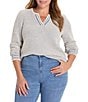 NIC + ZOE Plus Size Tuck Texture Split Neck Long Sleeve Sweater, Color:Blue Multi - Image 1