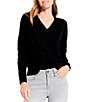 Color:Black Onyx - Image 1 - Relaxed Glam Knit Rhinestone V-Neck Long Ruched Sleeve Sweater