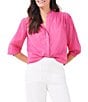 Color:Wild Pink - Image 1 - Round Ruffle Neck 3/4 Puff Sleeve Button Front Shirt