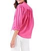 Color:Wild Pink - Image 2 - Round Ruffle Neck 3/4 Puff Sleeve Button Front Shirt