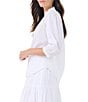 Color:Paper White - Image 3 - Round Ruffle Neck 3/4 Puff Sleeve Button Front Shirt