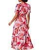 Color:Pink Multi - Image 2 - Scribble Bouquet Floral Print Daydream Satin Chiffon Split V-Neck Short Sleeve Tiered A-Line Maxi Dress