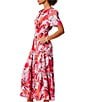 Color:Pink Multi - Image 3 - Scribble Bouquet Floral Print Daydream Satin Chiffon Split V-Neck Short Sleeve Tiered A-Line Maxi Dress