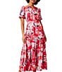 Color:Pink Multi - Image 4 - Scribble Bouquet Floral Print Daydream Satin Chiffon Split V-Neck Short Sleeve Tiered A-Line Maxi Dress