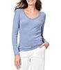 Color:Blue Multi - Image 1 - Striped Ribbed Knit V-Neck Long Sleeves Tee Shirt