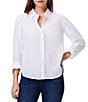 Color:Paper White - Image 1 - Woven Girlfriend Point Collar Long Roll Tab Sleeve Button Front Shirt