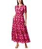 Color:Pink Multi - Image 1 - Woven Petal Splash Print Split Round Neck Short Sleeve A-Line Tiered Maxi Dress