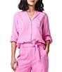 Color:Pink Lotus - Image 1 - Woven Split V-Neck Front Patch Pocket Long Roll Tab Sleeve Button Front Utility Shirt