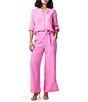 Color:Pink Lotus - Image 2 - Woven Split V-Neck Front Patch Pocket Long Roll Tab Sleeve Button Front Utility Shirt