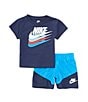 Color:Midnight Navy - Image 1 - Baby Boys 12-24 Months Short Sleeve Repeating Swoosh T-Shirt & Color Block Shorts Set
