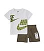 Color:Cargo Khaki - Image 1 - Baby Boys 12-24 Months Short Sleeve Wraparound Logo Jersey T-Shirt & Solid French Terry Shorts Set