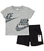 Color:Black/Grey - Image 3 - Baby Boys 12-24 Months Short Sleeve Wraparound Logo Jersey T-Shirt & Solid French Terry Shorts Set