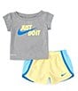 Color:Grey/Soft Yellow - Image 2 - Baby Girls 12-24 Months Short Sleeve All Day Play T-Shirt & Sprinter Shorts Set